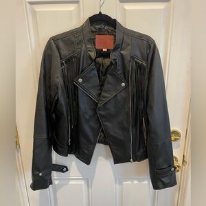 Miss London Black Faux Leather Biker Jacket with Fringe